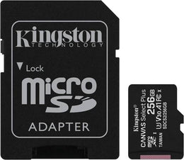 Kingston Canvas Select Plus 256GB MicroSD Card, Class 10, Max Read Speed 100 MB/s, Min Write Speed 30 MB/s, Records Full HD Video, With SD Adaptor, Temperature Proof, Black | SDCS2/256GB
