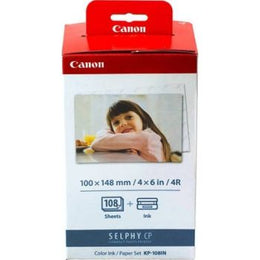 Canon KP-108IN Color Ink/Paper Set - Postcard size 4'x6' / 108 Sheets with 3 Ink Cartridges for CP-1300, CP910, CP780, CP900, Cartridge and Card Paper | KP-108IN