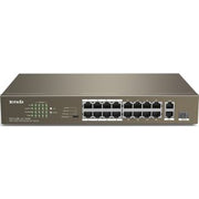 Tenda TEF1118P 16-Port Unmanaged PoE+ Switch: 16FE+2GE/1SFP, 6KV Lightning Protection, 4 Modes, 150W Power, 7.2Gbps, 1.25Mb Buffer | TEF1118P-16-150W