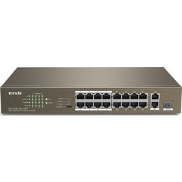 Tenda TEF1118P 16-Port Unmanaged PoE+ Switch: 16FE+2GE/1SFP, 6KV Lightning Protection, 4 Modes, 150W Power, 7.2Gbps, 1.25Mb Buffer | TEF1118P-16-150W