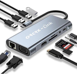 ORCRX-Link Type-C 11-in-1 Hub, Up to USB 3.0 Compatible, 4x USB-A, 3.5mm Jack, USB-C, SD & TF, HDMI, VGA, RJ45 Lan Interfaces, Support 3840x2160 30Hz, Support 87W PD, Gray | 80132