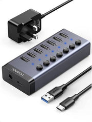 UGREEN Powerd USB Hub 3.0, 7-Ports USB Charging Extender Data Hub, Power USB Adapter with Individual On/Off Switches, For Laptop,PC,HDD,Flash Drive with UK Plug Power Adapter, Grey | 90306