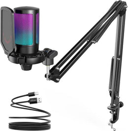 FIFINE Gaming PC USB Microphone, Podcast Condenser Mic with Boom Arm, Pop Filter, Mute Button for Streaming, Twitch, Online Chat, RGB Computer Mic for PS4/5 PC Gamer Youtuber | AmpliGame A6T