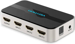 Vention 3-in-1 Out HDMI Switcher, 3x HDMI Input & HDMI Output, TOSLINK Port, 3.5mm Audio Port, Aluminum Alloy + ABS Materials, SII9533 Chip, Black/White | AFJH0