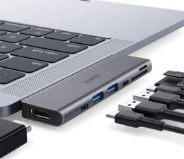 Aukey CB-C76 USB C Hub Adapter for MacBook Pro with 4K HDMI, Thunderbolt 3, 2 USB 3.0, USB-C Data Port, SD and MicroSD Card Reader Type C Hub | AKY-HUB-TBOLT-C76-BLK