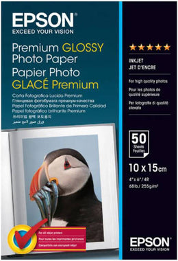 Epson Premium Glossy Photo Paper, 255gsm Weight Sturdy, 10x15 cm Size, 50 Sheets, For High Quality Photos, Compatible For All Inkjet Printers | C13S041729