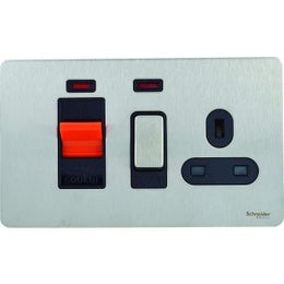 Schneider GU4401-BSS Ultimate Stainless Steel Screwless Flat Plate 45A + 13A Cooker Control Unit & Socket Black Insert | GU4401-BSS