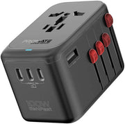 Promate Multi-Port Travel Adapter With 100W USB-C Power Delivery, GaNFast Tech, Qualcomm QC 3.0, Worldwide Usage, 8W Auto Resetting Fuse, AC Socket, USB-C x 4, USB-A Port, Black | TripMate-GaN100