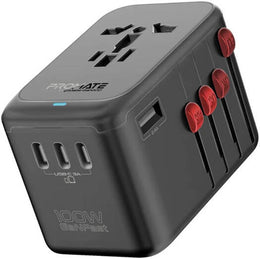 Promate Multi-Port Travel Adapter With 100W USB-C Power Delivery, GaNFast Tech, Qualcomm QC 3.0, Worldwide Usage, 8W Auto Resetting Fuse, AC Socket, USB-C x 4, USB-A Port, Black | TripMate-GaN100