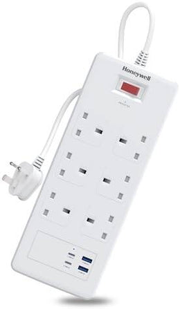 Honeywell 6 Out Surge Protector with Master Switch, Spike Guard/Extension board, 6 Outlet, 2xPD20W & 2xUSB, 1050 Joules, 1.8 Meter Cord, DSW, Automatic Overload Protection,