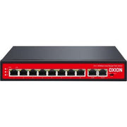Oxion 8-Port PoE Switch, 2G Uplink, 250M Range, 2000Mbps Data, 120W Power, Full Duplex, Auto MDI/MDIX, Red/Black | OX-NPS210G