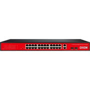 Oxion 24-Port PoE+ Switch, 250M Range, 2000Mbps Data Rate, 250W Power, Full Duplex, Auto MDI/MDIX, Red/Black | OX-NPS526G