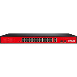 Oxion 24-Port PoE+ Switch, 250M Range, 2000Mbps Data Rate, 250W Power, Full Duplex, Auto MDI/MDIX, Red/Black | OX-NPS526G