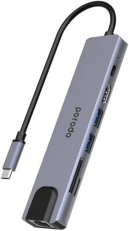 Porodo 7-in-1 Aluminum USB-C Hub, USB 2.0 Port, USB 3.0 Port, USB-C Port, SD & Micro SD Slots, RJ45 Ethernet Port, HDMI Port, Gray | PD-4K71C-GY