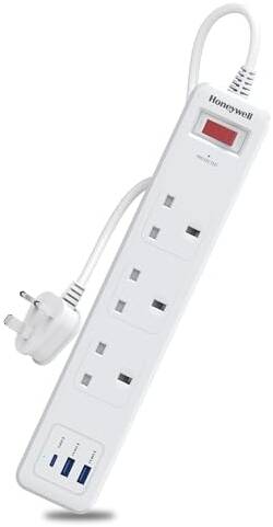 Honeywell 3 Out Surge Protector with Master Switch, Spike Guard/Extension board, 3 Outlet, PD20W & 2xUSB, 471 Joules, 1.8 Meter Cord, DSW, Automatic Overload Protection,