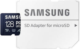 SAMSUNG PRO Ultimate microSD Memory Card + Adapter, 128GB microSDXC, Up to 200 MB/s, 4K UHD, UHS-I, Class 10, U3,V30, A2 for Action Camera, Drone, Gaming, Phones, Tablets, Blue | MB-MY128SA/WW
