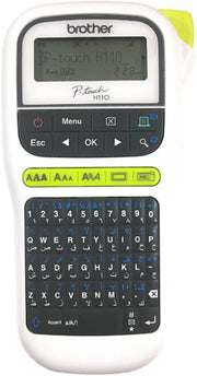 Brother PT-H110 Handheld Label Printer with Graphical Display, Up to 120mm TZe Tape, 20mm / sec Print Speed, ENG, ARB, Farsi QWERTY K/B, 3 Fonts & 250 Symbols, ,One-Touch Keys, ‎Black-White | PTH110