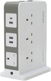 Promate PowerTower, 14-in-1 Heavy Duty Power Station, 3250W Massive AC Output, 4 USB Ports, USB-C Power Delivery, Overload Protection, White | Power Tower.UK
