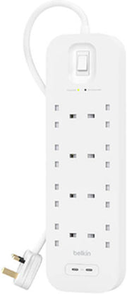Belkin Surge Protector Power Extension Socket with 6 Outlets with 1 USB-C & 1 USB-A ,18W Highspeed PD Charging, 2 Meters Cord Length, White | SRB002ar2M