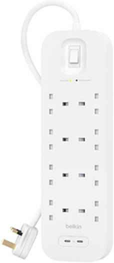 Belkin Surge Protector Power Extension Socket with 6 Outlets with 1 USB-C & 1 USB-A ,18W Highspeed PD Charging, 2 Meters Cord Length, White | SRB002ar2M