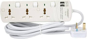 Terminator 3 Way Power Extension Universal Socket, With 2 USB, 3m Wire Length, Individual Switch and Indicator, Wall Mount, Fused Plug, Ideal for Home / Office, White | TBP 3AU