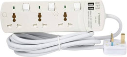 Terminator 3 Way Power Extension Universal Socket, With 2 USB, 3m Wire Length, Individual Switch and Indicator, Wall Mount, Fused Plug, Ideal for Home / Office, White | TBP 3AU