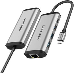Vention Type-C to USB 3.0*3 / Gigabit Ethernet / PD Hub, Multifuntional Adapter, RJ45 1000Mbps, Gigabit Network Transmission, PD Fast Charge, Suitable for Type C Computers & Mobiles, Gray | TGDHB