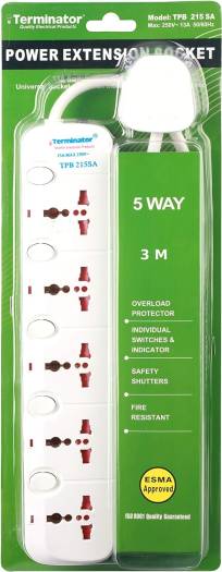 Terminator TPB 215SA 5 Way Universal Power Extension Socket with Cable, 3 m Cable Length, White
