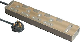 Schneider Electric AvatarOn Extension Cord, USB port & 4 Trailing Sockets with individual switch, 3M, Strips/ Multi Plug, Metal Golden Hairline | TSH34U_3_GH