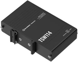 Teltonika TSW114 Gigabit Rail Switch, 5 RJ45, Up to 1000 Mbps, 10 Gbps Bandwidth, 128 KB Buffer, 2-Pin DC, Black | TSW114