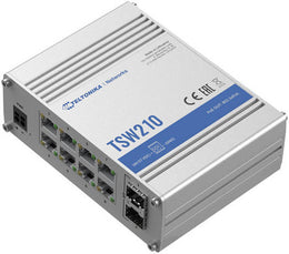 Teltonika TSW210 Unmanaged industrial Switch, 8 x Gigabit Ethernet Ports, Rugged Aluminum Housing, Speeds Up to 1000 Mbps, 2 x SFP Ports, 2-Pin Industrial DC, 7-57 V Power, IP30 Protection | TSW210