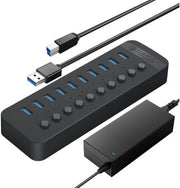 ORICO Powered USB Hub 10 Ports 48W USB 3.0 Data Hub with Individual On/Off Switches and 12V/4A Power Adapter, VL817 Chip, ABS Plastic Material, 1m Cable Length, Black | CT2U3-10AB-AU-BL