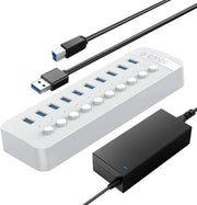 ORICO Powered USB Hub 10 Ports 48W USB 3.0 Data Hub with Individual On/Off Switches and 12V/4A Power Adapter, VL817 Chip, ABS Plastic Material, 1m Cable Length, White | CT2U3-10AB-AU-WH