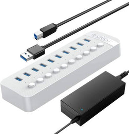 ORICO Powered USB Hub 10 Ports 48W USB 3.0 Data Hub with Individual On/Off Switches and 12V/4A Power Adapter, VL817 Chip, ABS Plastic Material, 1m Cable Length, White | CT2U3-10AB-AU-WH