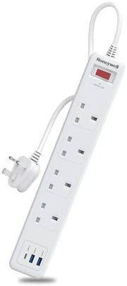 Honeywell 4 Out Surge Protector with Master Switch, Spike Guard/Extension board, 4 Outlet, PD20W & 2xUSB, 471 Joules, 1.8 Meter Cord, DSW, Automatic Overload Protection,