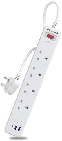 Honeywell 4 Out Surge Protector with Master Switch, Spike Guard/Extension board, 4 Outlet, PD20W & 2xUSB, 471 Joules, 1.8 Meter Cord, DSW, Automatic Overload Protection,